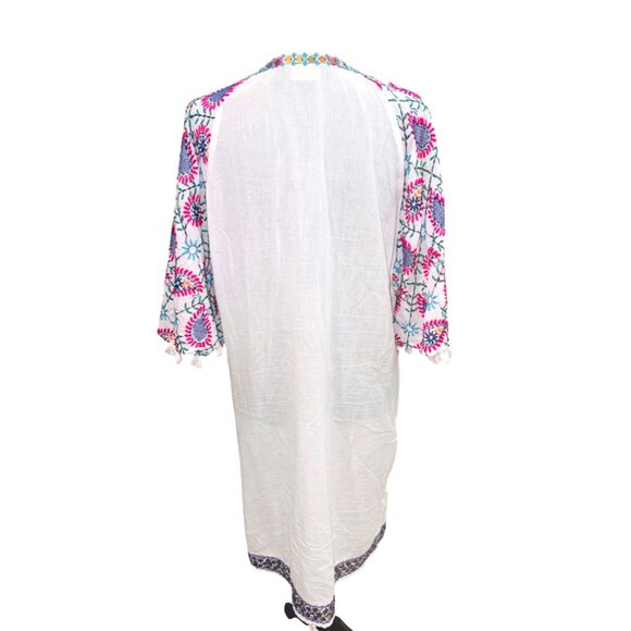 Lula Soul White Multicolor Embroidered Cottton Boho Peasent Dress Sequin Tassel - Picture 3 of 12